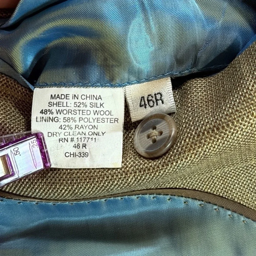 Alan Flusser Mens 46R Silk Wool Blazer Tan Windowpane Sport Coat Autumn Wedding
